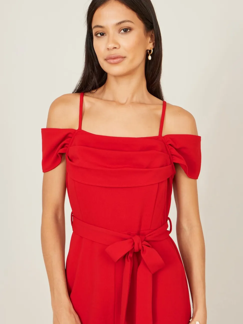 Yumi Red Stretch Bardot Jumpsuit