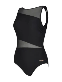 Zoggs Mesh V Back Black Swimsuit with Removable Foam Cup Support